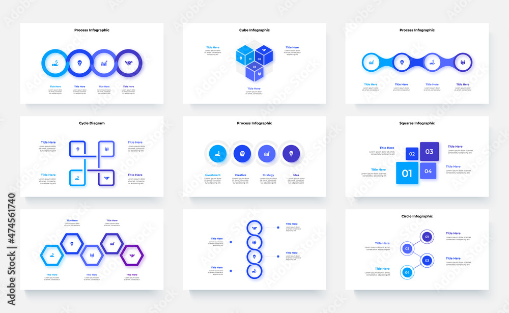 Nine infographic presentations slides. Set of vector illustrations for ...