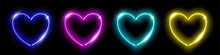 Neon Hearts, Love Symbol Of Valentines Day Set, Glowing Objects From Led Wires, Frames