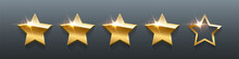 3d Five Rating Gold Stars, 5 Realistic Golden Metal Badges With Bright Light Effect