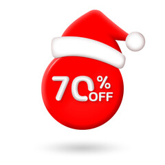 Wall Mural - 3d Christmas Sale label or icon. 70 percent price off with Santa hat. Xmas discount badge or price tag for promo design. Vector illustration.