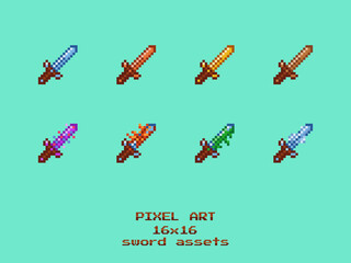 Leinwandbilder - Set of vector pixel art game asset icons. wooden, bronze, gold, diamond, fire, ice, grass magic sword assets. isolated 16x16 game design inventory illustration