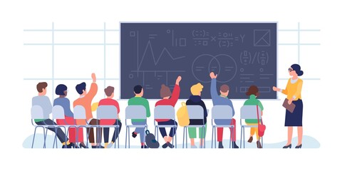 Students characters at lecture. Back view listeners in auditorium. College or school mathematics lessons. Teacher standing at formulas blackboard. People study math. Vector concept