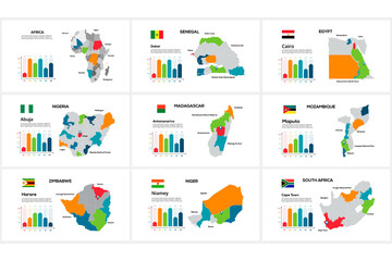 Poster - Set maps African countries by regions Senegal, Egypt, Nigeria, Madagascar, Mozambique, Zimbabwe, Niger, North Africa