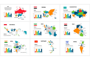 Poster - Set of maps of Asia countries by region Yemen, Kazakhstan, Indonesia, Iran, Iraq, India, Vietnam, Israel