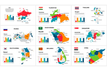 Poster - Set maps Asia countries by region Tajikistan, Thailand, Russia, Saudi Arabia, Singapore, North Korea, Sri Lanka, Syria