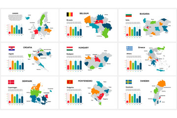 Poster - Set of maps of Europe countries by region Belgium, Bulgaria, Croatia, Hungary, Greece, Montenegro, Sweden, Montenegro