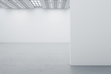 Poster - Modern empty white concrete gallery interior with mock up banner on wall. Art, no people, museum and exhibition concept. 3D Rendering.