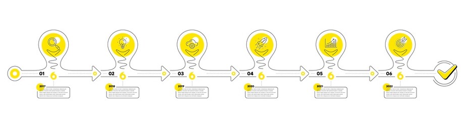 Poster - Business Infographic timeline with 6 steps. Lightbulb journey path infographics. Workflow process diagram with Research Idea, Working, Growth chart and Goal target line icons. Vector