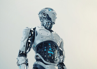 Sticker - Sci-fi robotic man with white blue eyes and transparent stomach, named 