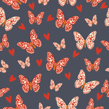 Seamless Pattern From Bright Red Butterflies On A Dark Blue Background. Vector Illustration. 