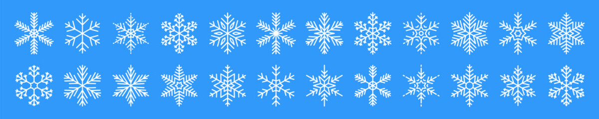 Wall Mural - Snowflakes big set icons. Flake crystal silhouette collection. Happy new year, xmas, christmas. Snow, holiday, cold weather, frost. Winter design elements. Vector illustration.