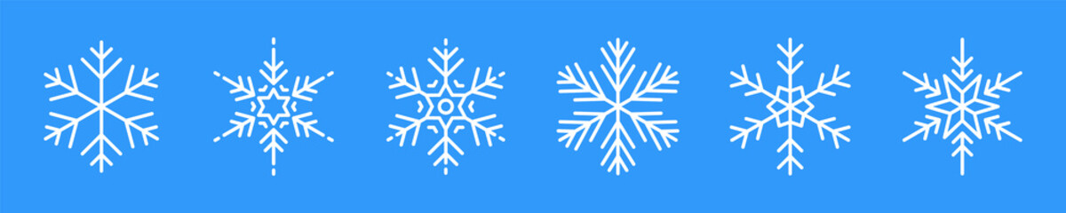 Wall Mural - Snowflakes big set icons. Flake crystal silhouette collection. Happy new year, xmas, christmas. Snow, holiday, cold weather, frost. Winter design elements. Vector illustration.