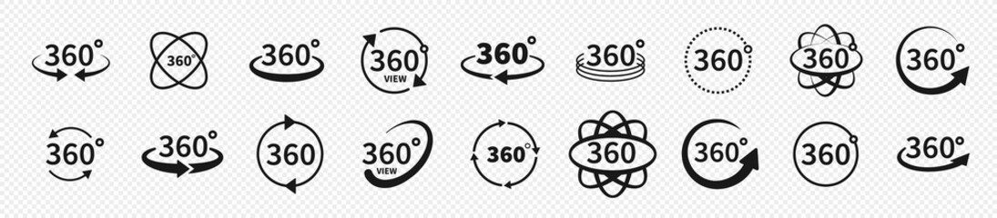 Set of 360 degree views of vector circle icons set isolated from the background. Signs with arrows to indicate the rotation or panoramas to 360 degrees. Vector illustration.