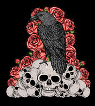 Black Raven Sits On The Skulls. Skull, Raven And Roses Hand Drawn Illustration. Tattoo Vintage Print. Skull Hand Drawn Print. Tattoo Design. Pile Of Skulls, Flowers And Raven.