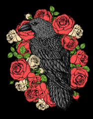 Wall Mural - Raven and roses flowers hand drawn illustration. Tattoo vintage print. White raven and red roses.