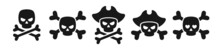 Set Evil Skulls With Crossbones And Pirate Skulls With Hat Simple Cartoon Style Vector Illustration