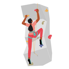 Wall Mural - Female Character Rock Climber Climbing Wall with Grips, Sportive Girl in Rope Harness Healthy Life and Extreme Activity