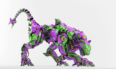 Robot panther in side creeping pose with strong, dangerous tail, 3d render on light background