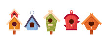 Set Of Wooden Bird Houses, Colorful Feeders Of Different Design With Slope Roof. Birdhouses, Home Or Nest With Holes
