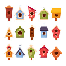 Set Of Wooden Bird Houses Different Shapes And Sizes, Colorful Birdhouses, Home Or Nest With Roof, Round Or Heart Hole