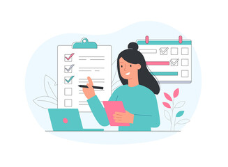 Business woman planning. Girl with paper in her hands. Entrepreneur developing project. Goal setting, ambition, motivation. Analysis of information and statistics. Cartoon flat vector illustration