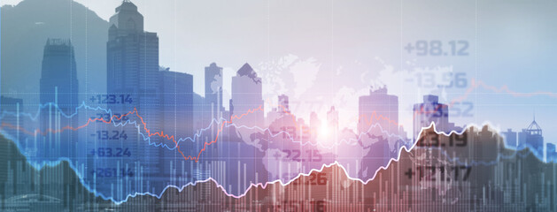 Wall Mural - Double explosure with businesss charts and financial district of megapolis