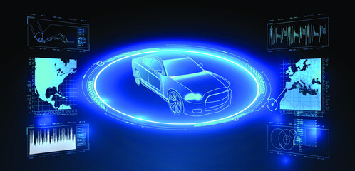 Poster - Car service in the style of HUD.  Futuristic car user interface. HUD UI. Hologram of the car, scanning. Abstract virtual graphic touch user interface. 