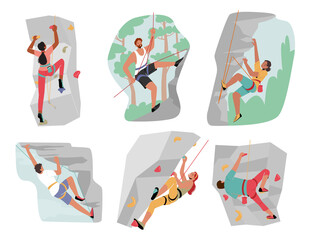 Wall Mural - Set Male and Female Characters Climbing Mountain and Wall with Grips. Climbers Mountaineering Extreme Sport Activity