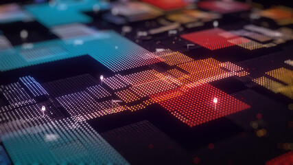 Poster - Blockchain concept. Big data binary code futuristic information technology, data flow. Transferring of big data.  interconnected blocks of data depicting a cryptocurrency blockchain. 3D Rendering.