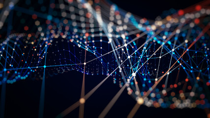 Poster - Technology network background concept. Global network. Big data and cybersecurity. Transfer and storage of data sets, blockchain. Abstract connected dots and lines network background.
