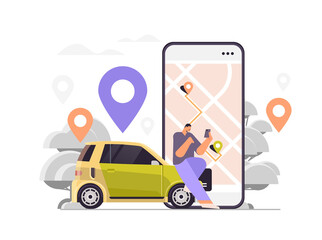 Poster - businesswoman ordering car in mobile application transportation carsharing service carpooling concept