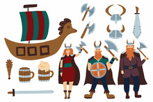 Vector Set Of Vikings. Scandinavian Mythological Characters. Viking Objects Set.