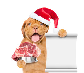 Poster - Puppy wering red santa hat holds bowl of raw meat. isolated on white background