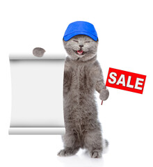 Poster - Happpy kitten wearing blue cap shows sales symbol and empty list. isolated on white background