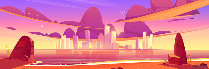 Wall Mural - City skyline sunset or sunrise beautiful landscape at sea waterfront, modern megapolis with skyscraper buildings reflecting in water surface under cloudy purple or pink sky Cartoon vector illustration