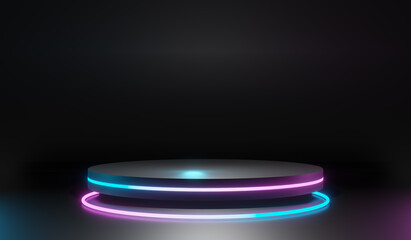 Wall Mural - black podium with glowing neon ring. modern 3d rendering for product display presentation