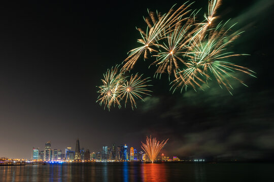 Wall Mural - Beautiful fireworks in the Doha Corniche, Qatar.