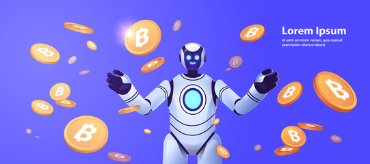 Poster - robot with bitcoins crypto currency web money mining passive income earnings artificial intelligence