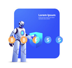 Poster - robot with shield exchange dollar with bitcoin crypto currency electronic money financial saving ins