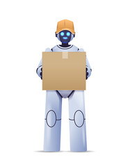 Poster - modern robot courier robotic deliver holding cardboard box delivery service artificial intelligence 