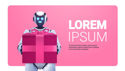 Poster - modern robot holding wrapped gift box birthday or holiday celebration artificial intelligence concep