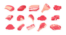 Meat Fresh Steaks Meat Delicatessen Set. Sausages, Cervelat, Meat Steak For Barbeque, Salami, Bacon, Meatloaf, Bacon Fillet, Fried Chicken, Pork Belly, Beef Shank Vector