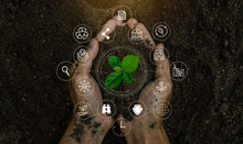 ESG Icon Concept In The Woman Hand For Environmental, Social, And Governance By Using Technology Of Renewable Resources To Reduce Pollution And Carbon Emission.