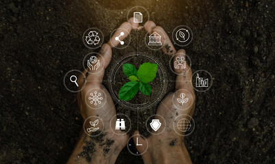 esg icon concept in the woman hand for environmental, social, and governance by using technology of 