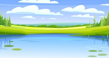 Wall Mural - rural landscape. water pond or river bank with water lily leaves. horizontal village nature illustra