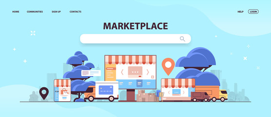 online e-commerce marketplace e-shop application on monitor screen internet platform for goods wholesale horizontal copy space vector illustration