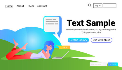Poster - woman using messenger app on laptop social media network chat bubble communication concept