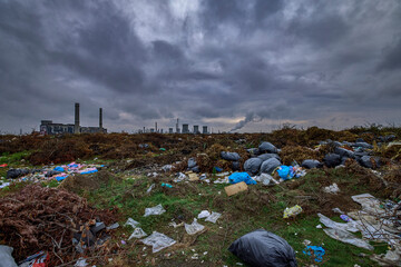 industrial landscape with a refinery, polluting industry. Industrial ruins.