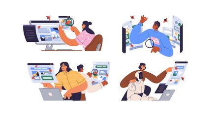 Aufkleber - Software testing concept. Apps and programs testers set searching, finding and reporting bugs and errors. Analysis and debugging process. Flat graphic vector illustrations isolated on white background