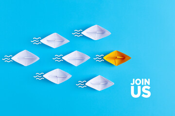 Wall Mural - Paper boat leads white paper ships. Join us, job vacancy or community membership